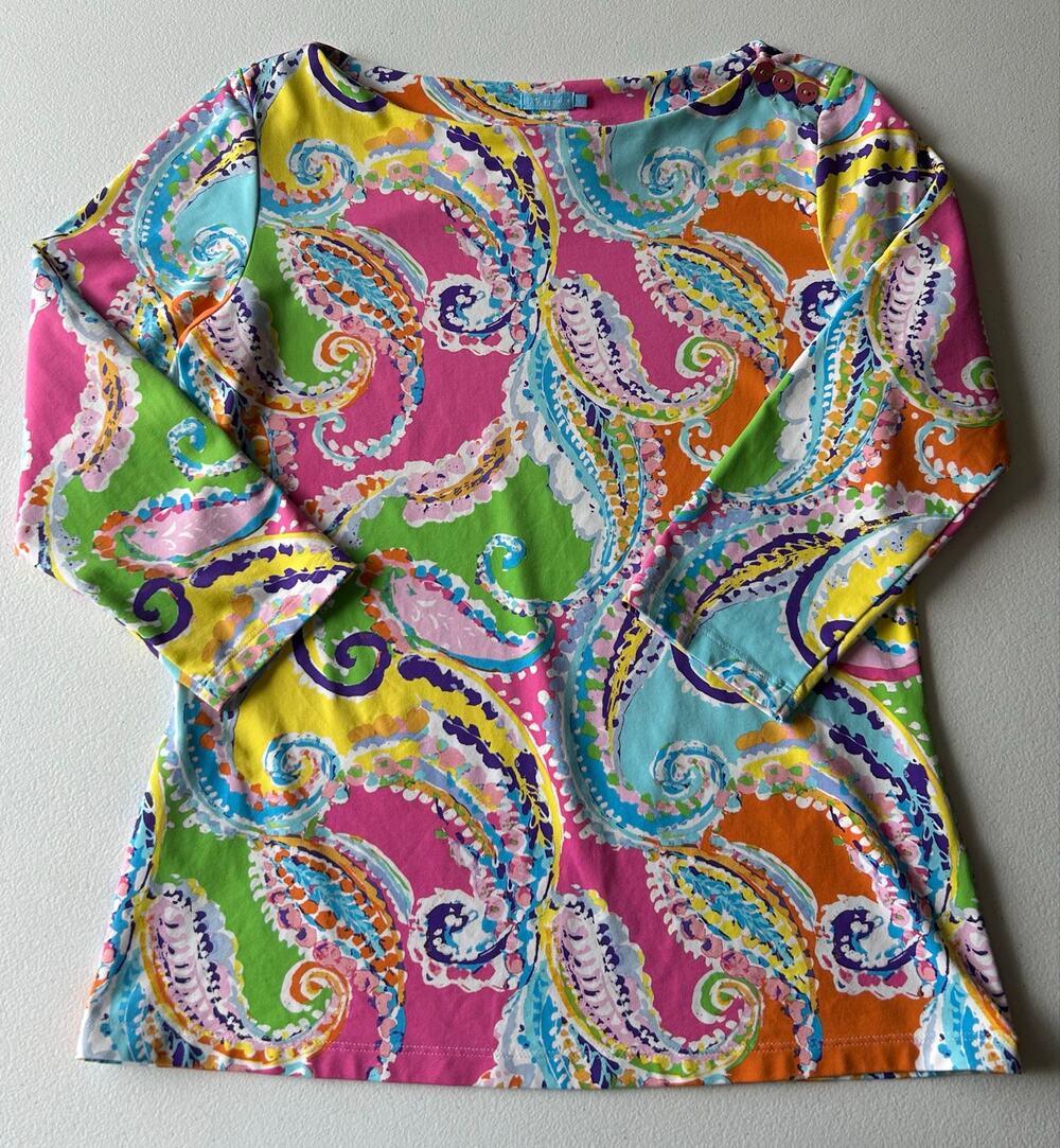 J. McLaughlin Colorful Paisley Catalina Cloth 3/4 Sleeve Button Shoulder Sz M